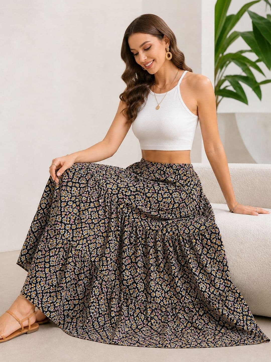AmorLuxe Women Floral Micro or Ditsy Print Midi Tiered Skirt thumbnail 3