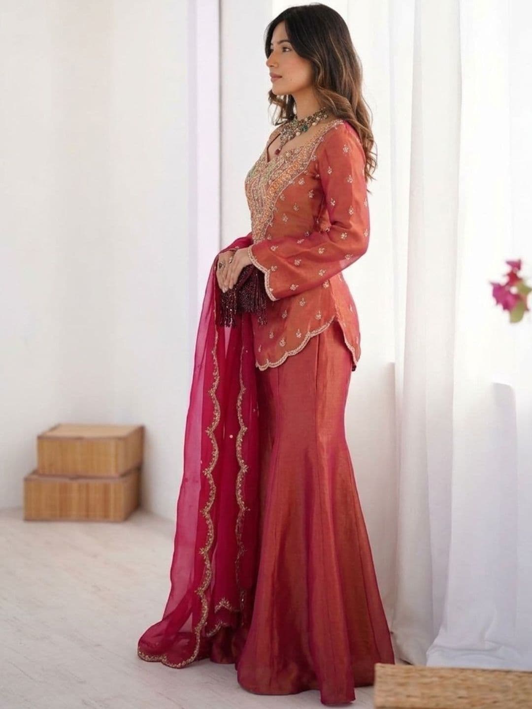 HERE&NOW X fwd Women Ethnic Motifs Embroidered Regular Thread Work Kurta with Sharara & With Dupatta thumbnail 5