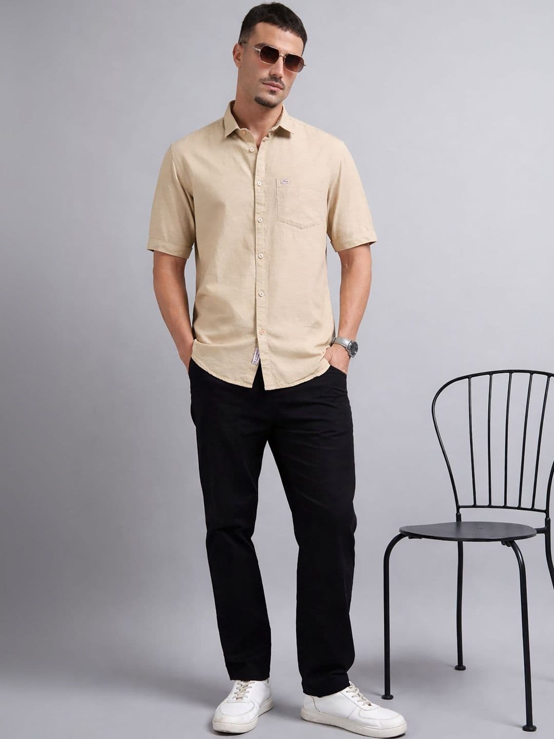 U.S. PITCHERS Beige Solid Casual Shirt with Curved Hem thumbnail 3