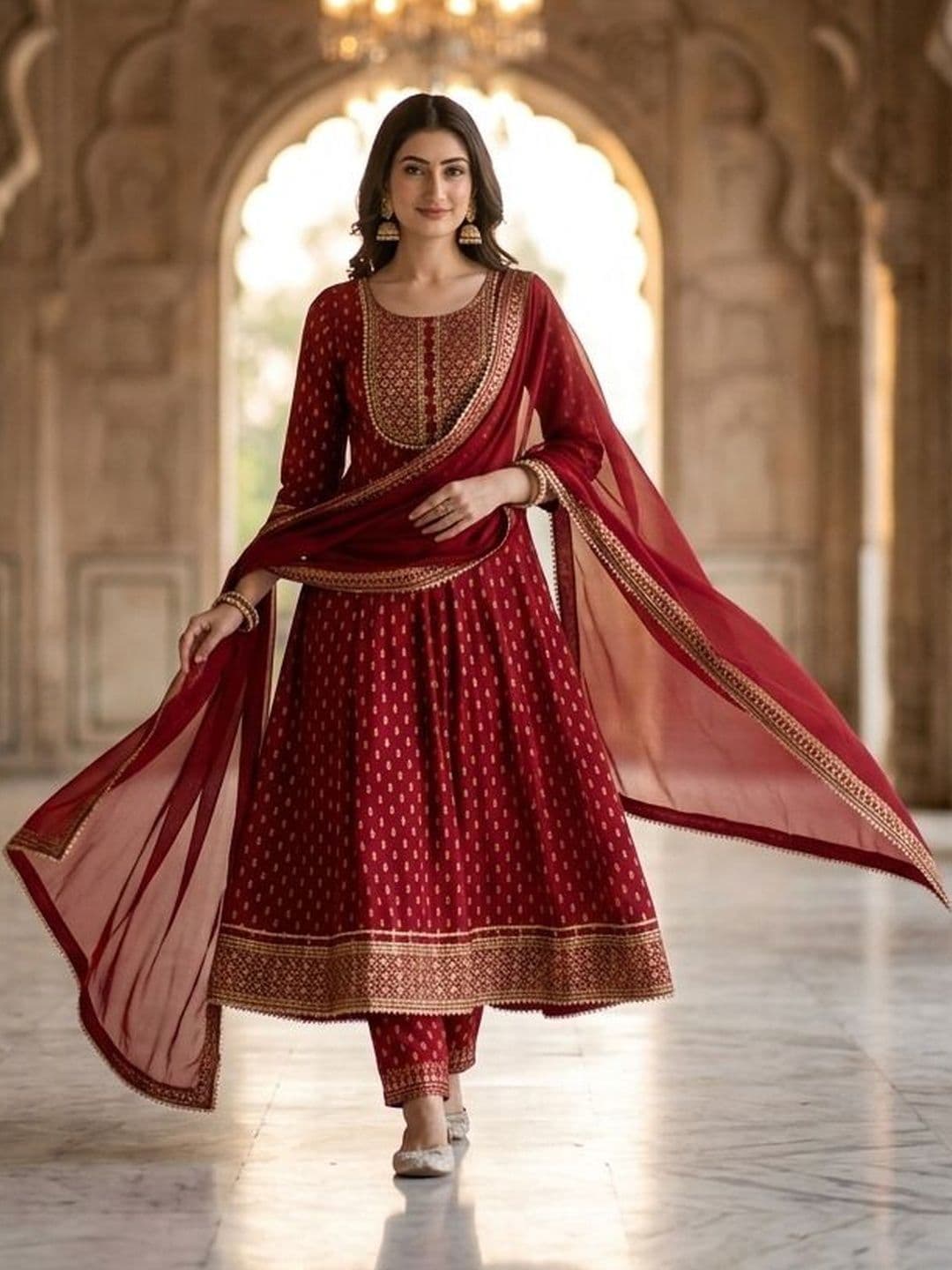 QUEENSFAB Women Ethnic Motifs Printed Tiered Thread Work Kurta with Trousers & With Dupatta - view 1