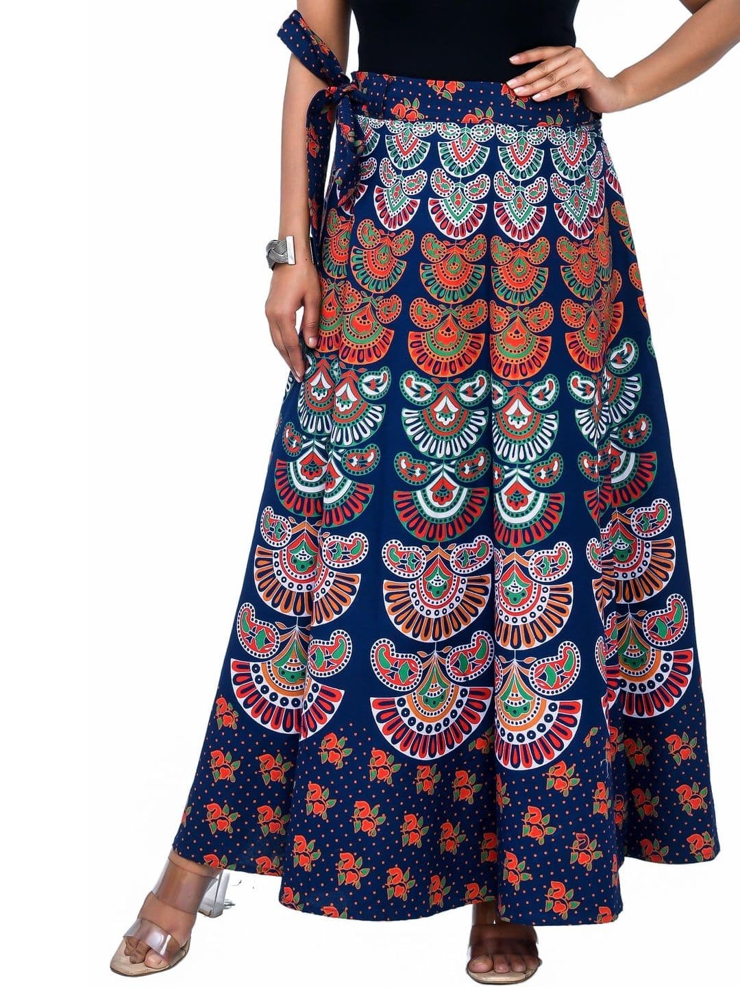 SAMJHI Navy Blue Paisley Maxi Wrap Skirt thumbnail 3