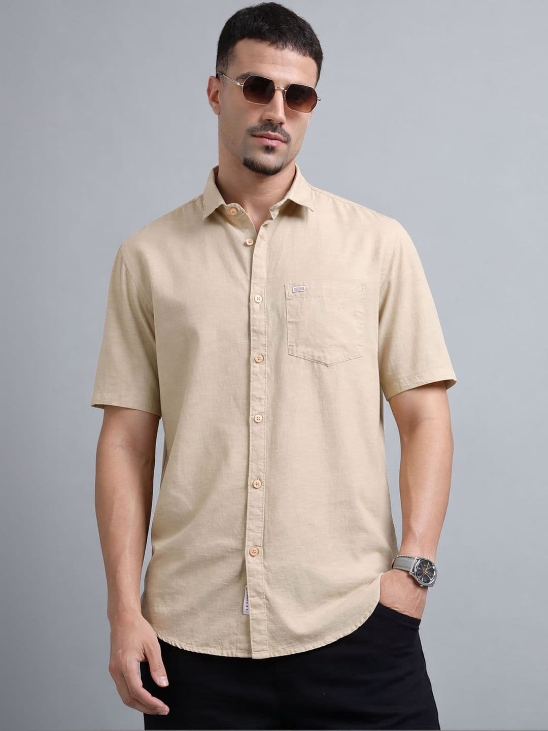 U.S. PITCHERS Beige Solid Casual Shirt with Curved Hem thumbnail 2