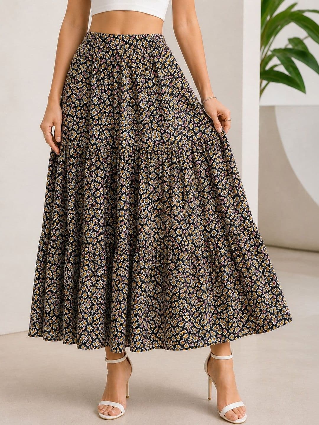 AmorLuxe Women Floral Micro or Ditsy Print Midi Tiered Skirt thumbnail 4