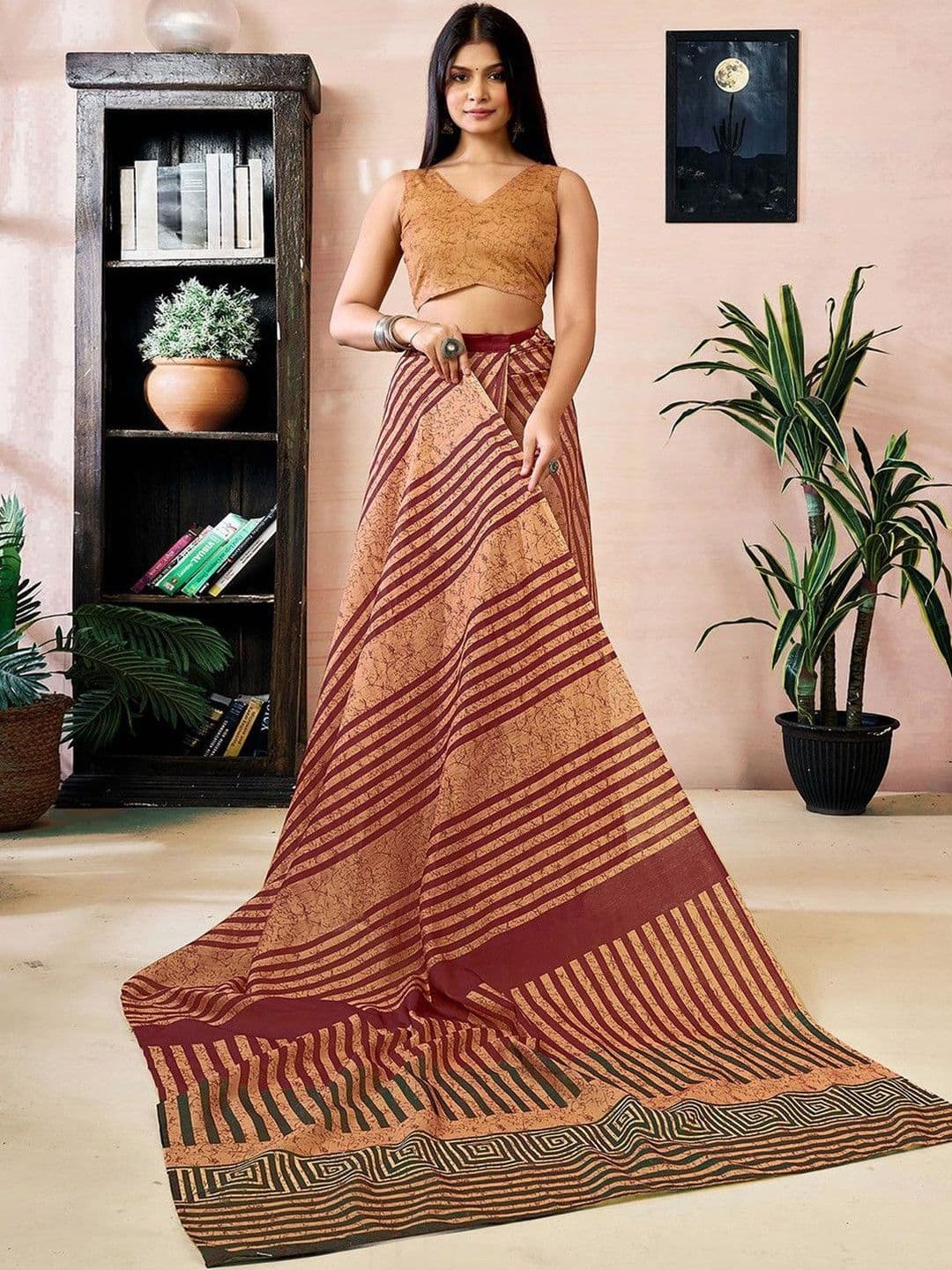 Sangria Striped Chanderi Cotton Ready to Wear Saree Blouse Piece thumbnail 6