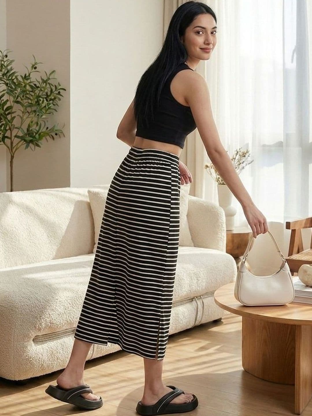 Zucchini Women Striped Back Slit Midi Straight Skirt thumbnail 3