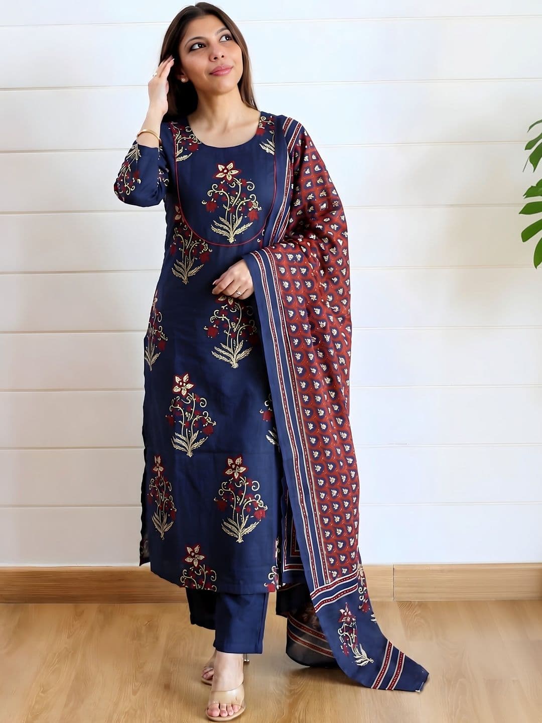 MYRIE Women Ethnic Motifs Printed Regular Thread Work Kurta with Trousers & With Dupatta - view 1