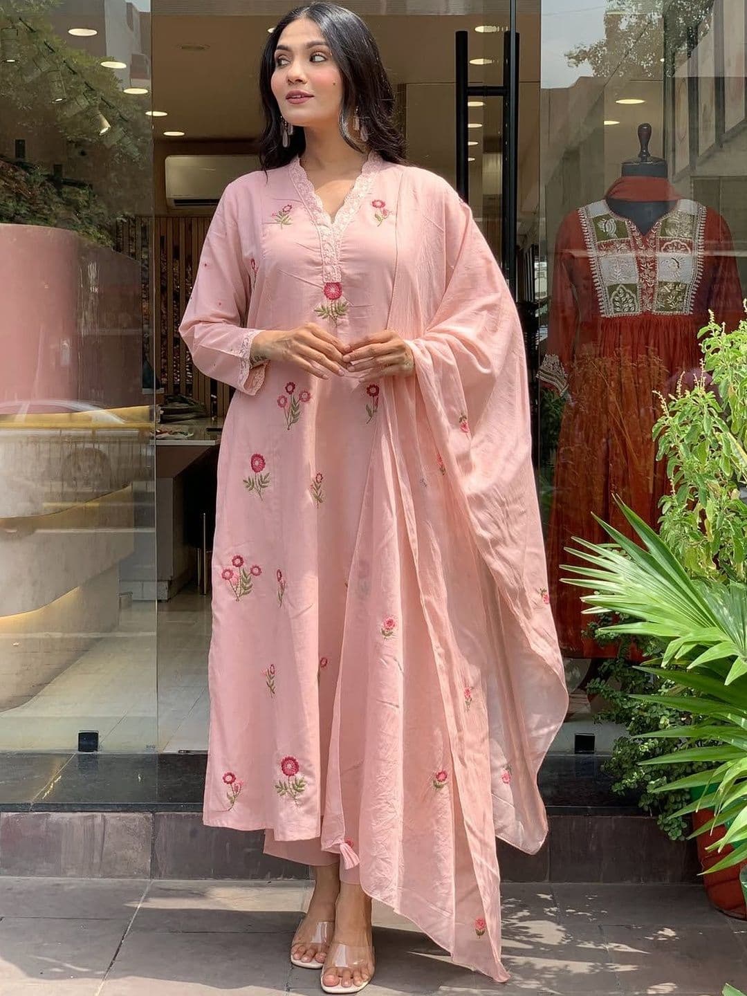 Sangria Self Design Chanderi Silk V-Neck Kurta & Trousers With Dupatta thumbnail 3