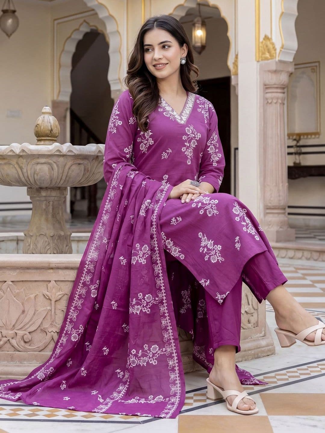Indo Era Women Floral Printed Regular Sequinned Pure Cotton Kurta with Trousers & With Dupatta - view 1