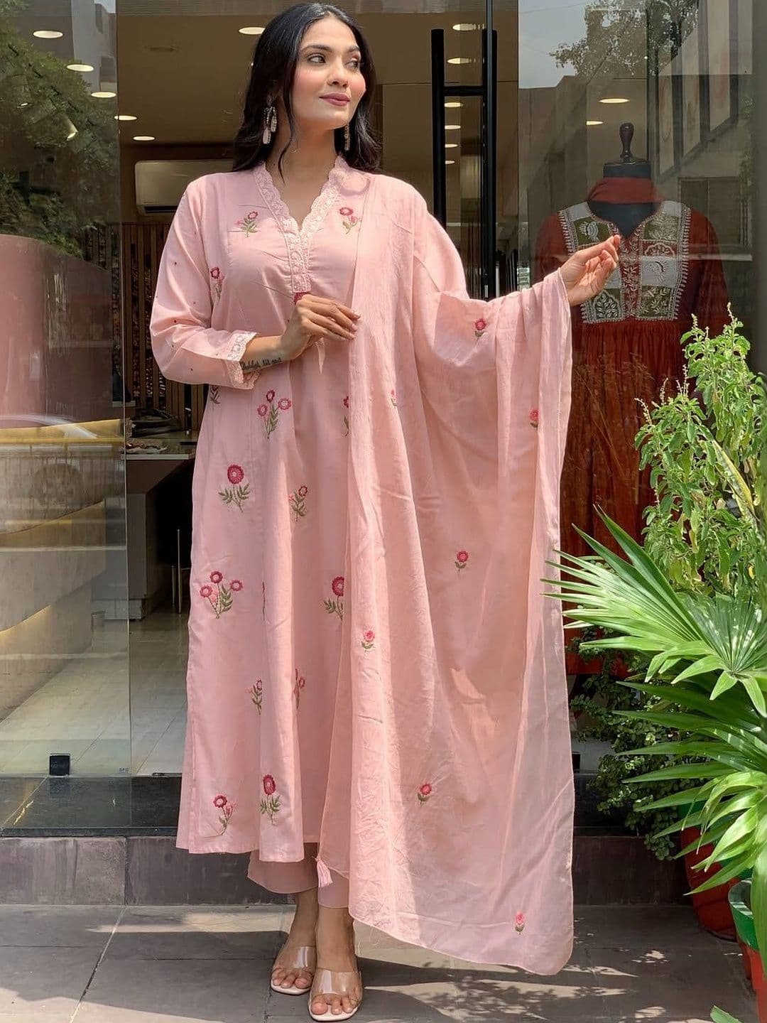 Sangria Self Design Chanderi Silk V-Neck Kurta & Trousers With Dupatta thumbnail 4