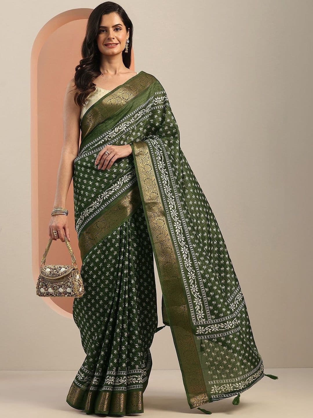 Libas Green Printed Saree With Unstitched Blouse Piece - view 1