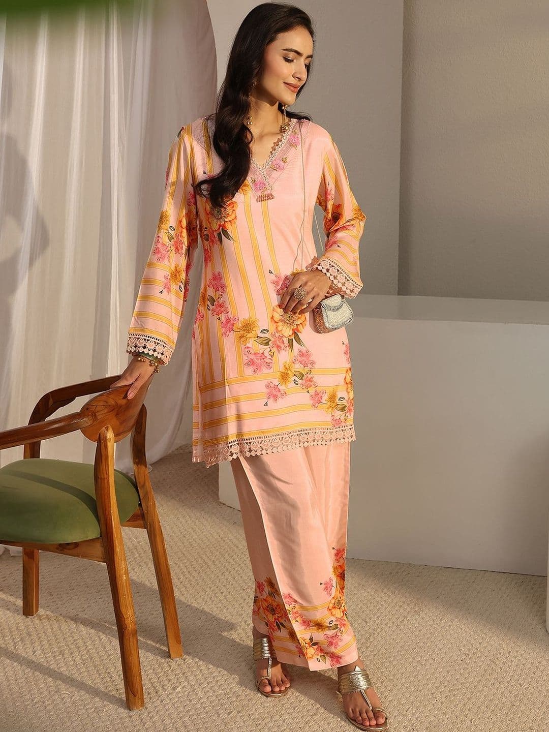 Libas Peach Floral Printed Straight Kurta Set - view 1