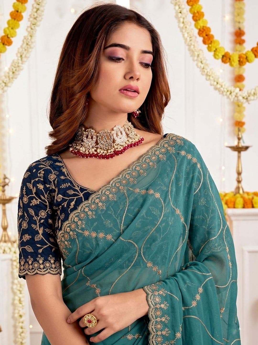 Mitera Embellished Embroidered Poly Georgette Designer Saree thumbnail 5