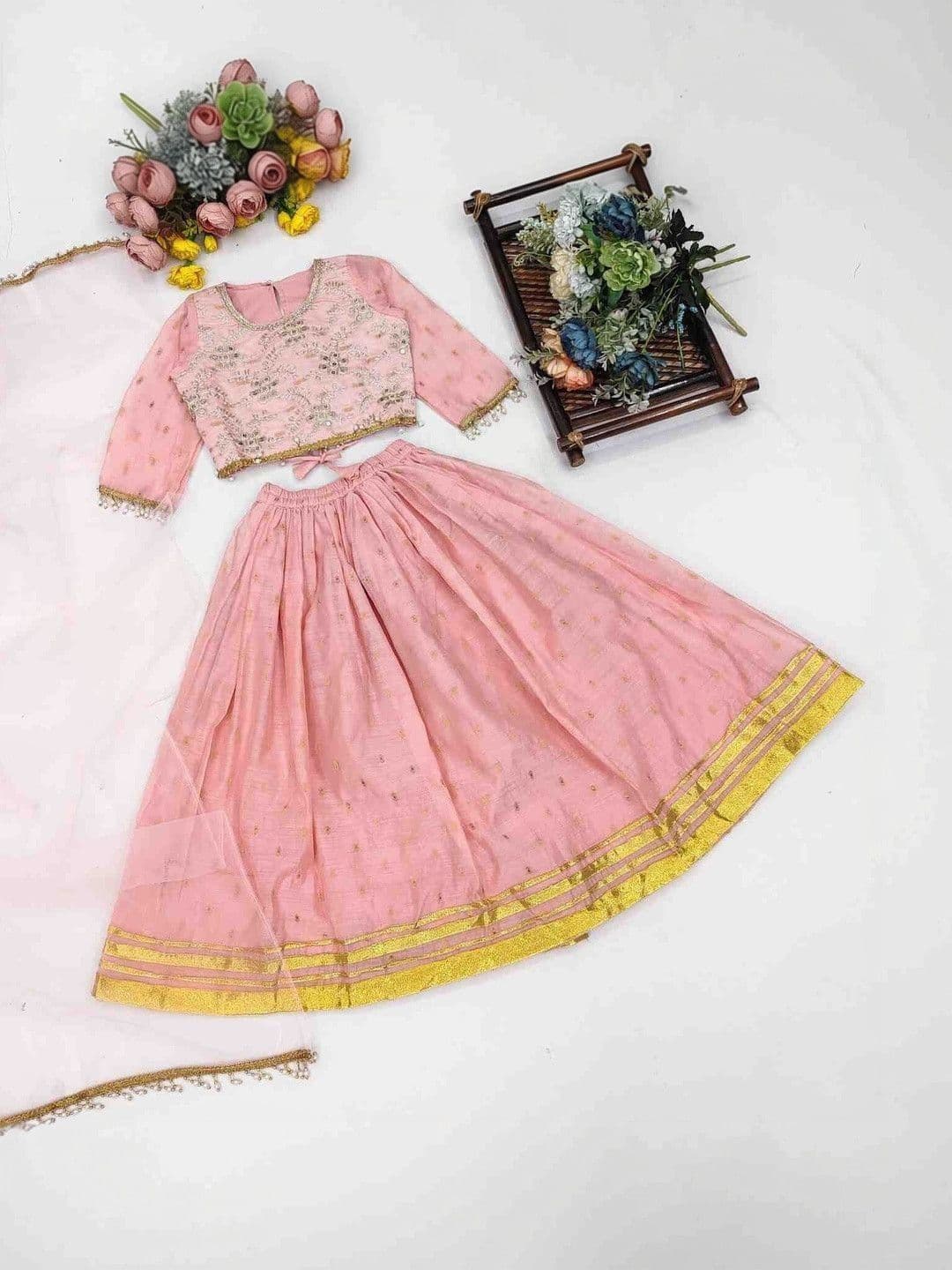 RJ ONLINE Girls Embroidered Mirror Work Ready to Wear Lehenga & Blouse With Dupatta thumbnail 3