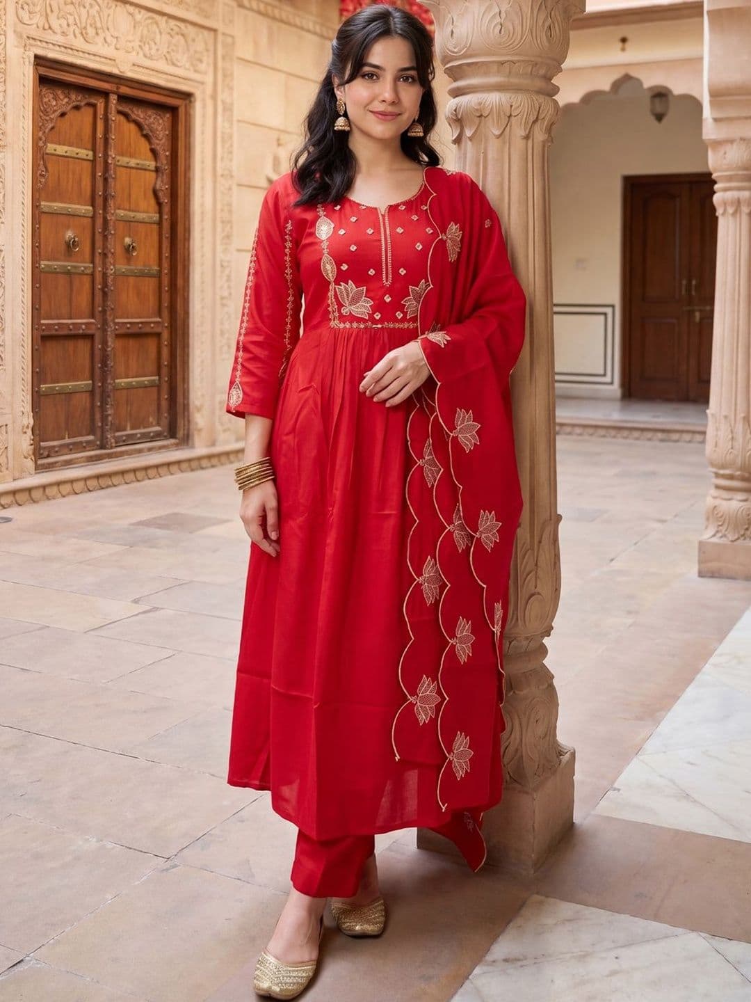 Indo Era Women Ethnic Motifs Embroidered Regular Thread Work Kurta with Trousers & With Dupatta thumbnail 3