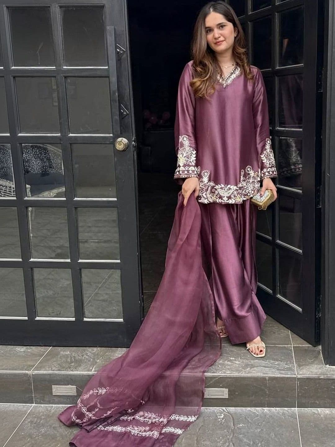 Sangria Embroidered Silk Crepe V-Neck Kurta & Palazzos With Dupatta thumbnail 6