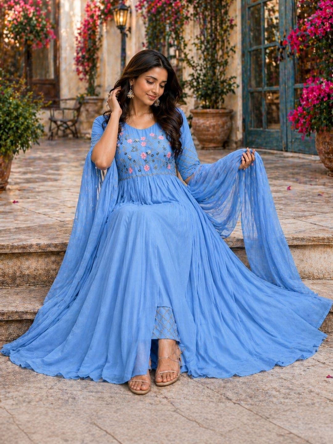 PRIMESKY Women Floral Embroidered Empire Thread Work Silk Georgette Kurta with Trousers & With Dupatta thumbnail 3