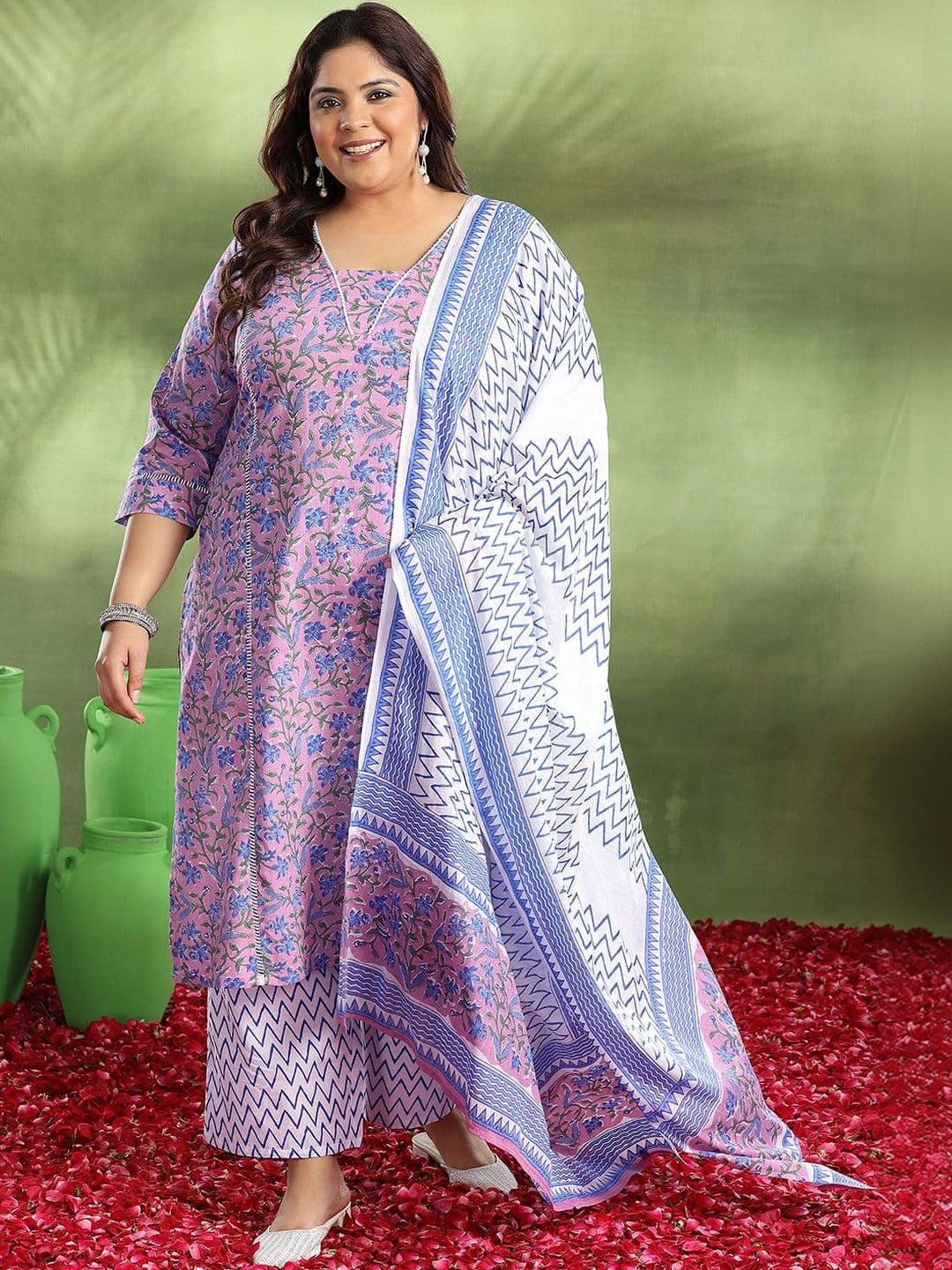 EXTRA LOVE BY LIBAS Plus Size Purple Printed Cotton Straight Suit With Dupatta thumbnail 6