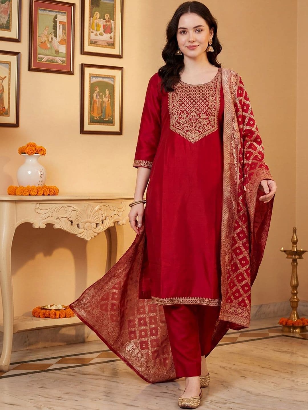 Indo Era Women Ethnic Motifs Embroidered Regular Thread Work Kurta with Trousers & With Dupatta thumbnail 2