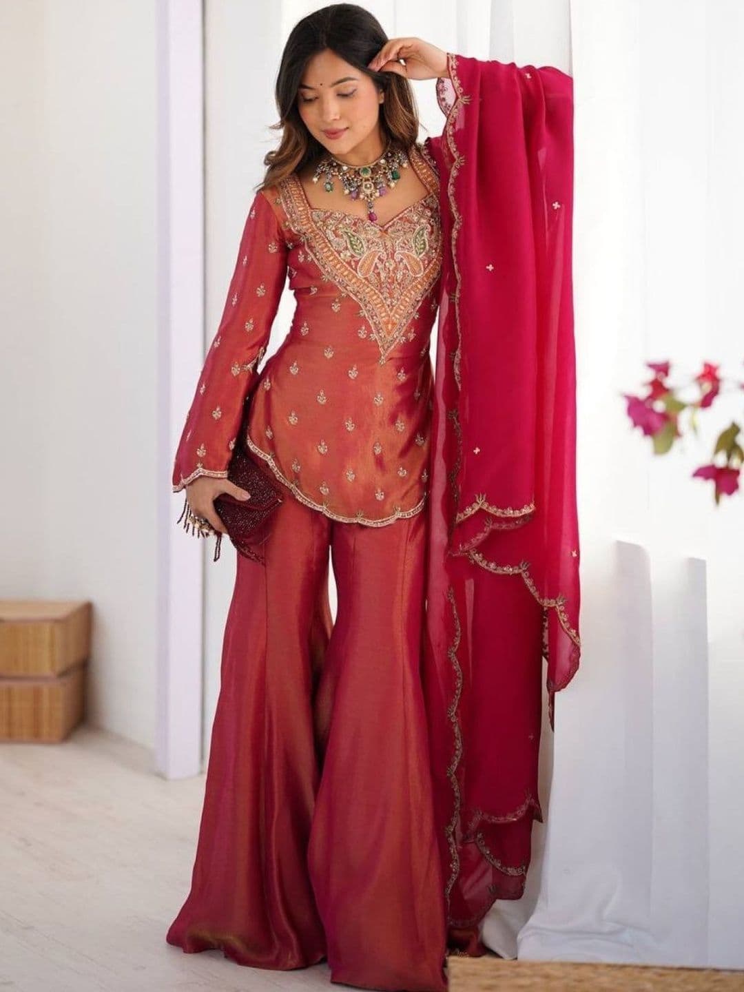 HERE&NOW X fwd Women Ethnic Motifs Embroidered Regular Thread Work Kurta with Sharara & With Dupatta - view 1