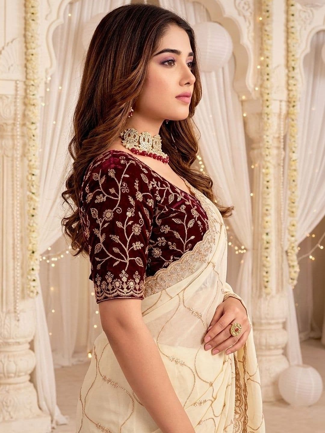 Mitera Ethnic Motifs Embroidered Poly Georgette Heavy Work Saree thumbnail 5