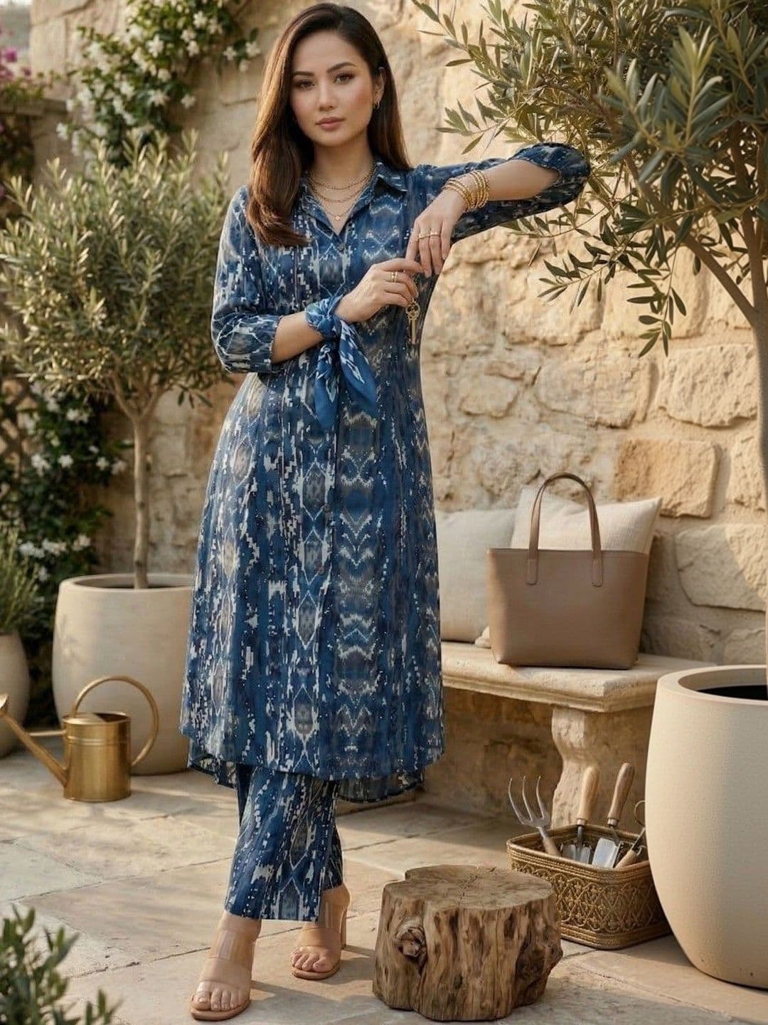 Demirner Women Ethnic Motifs Printed Regular Pure Cotton Kurta with Trousers - view 1