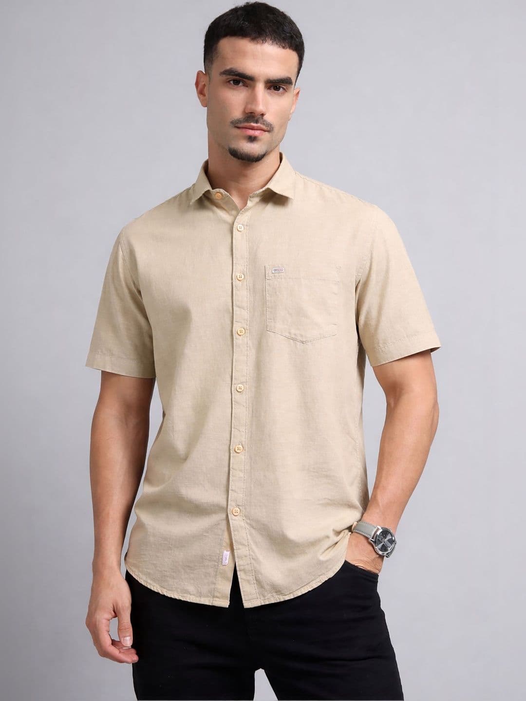 U.S. PITCHERS Beige Solid Casual Shirt with Curved Hem - view 1