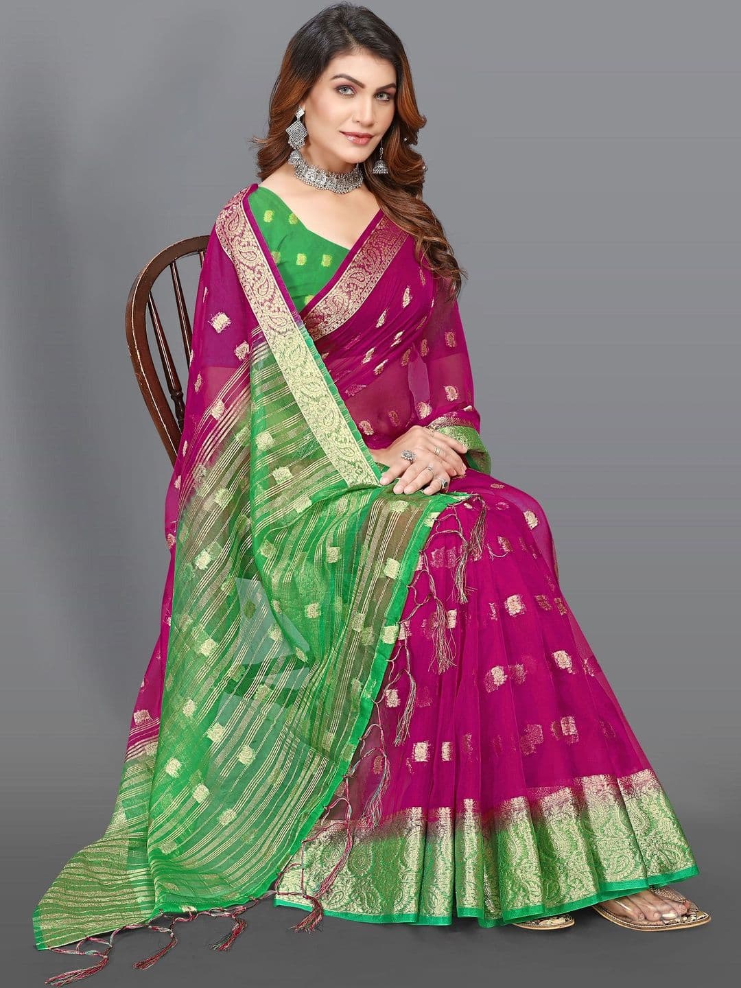 KOTHARI LGF Woven Design Zari Organza Heavy Work Bandhani Saree thumbnail 7