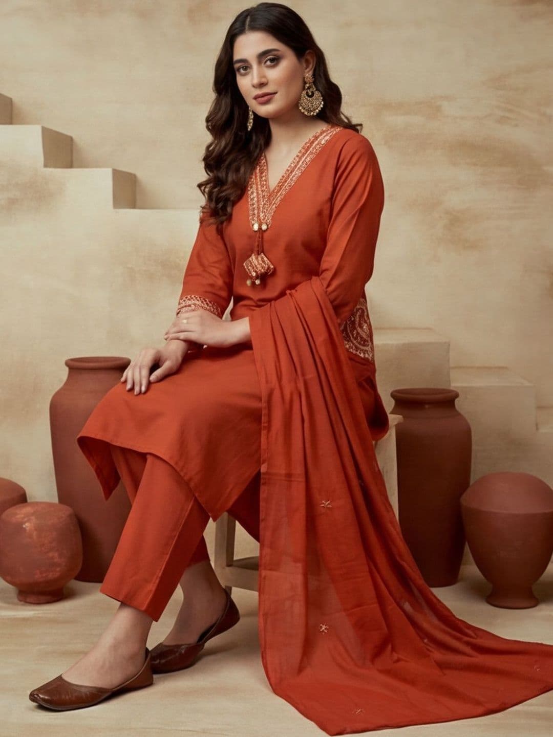 House of Pataudi Solid Embroidered Straight Cotton Kurta & Trousers Sets thumbnail 3