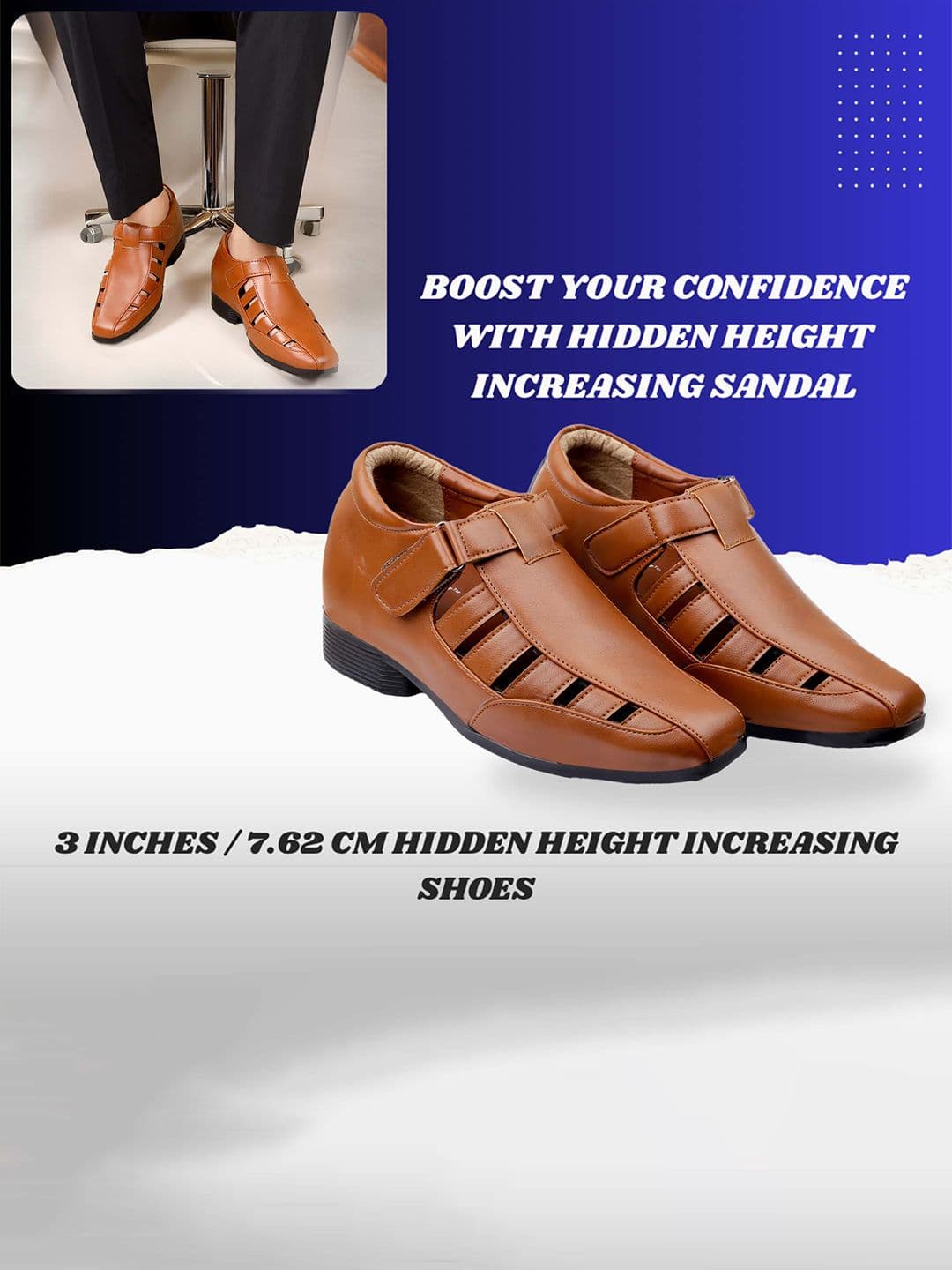 Bxxy Men Tan Solid Invisible Height Increasing 3 Inch Semi-Formal Sandals thumbnail 6