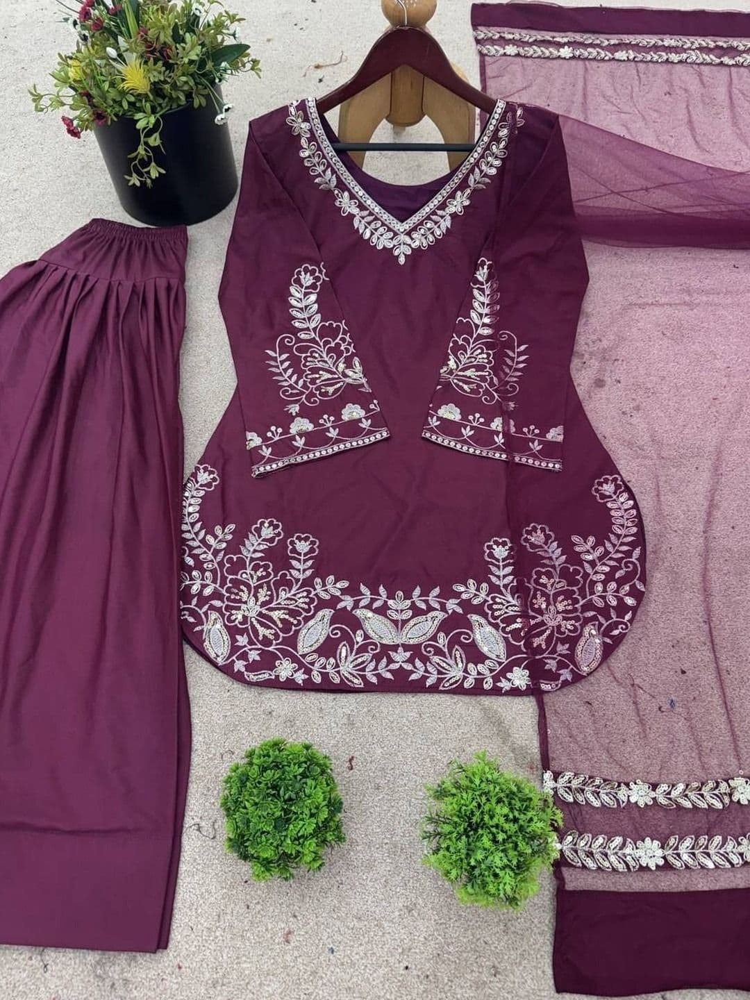Sangria Embroidered Silk Crepe V-Neck Kurta & Palazzos With Dupatta thumbnail 2