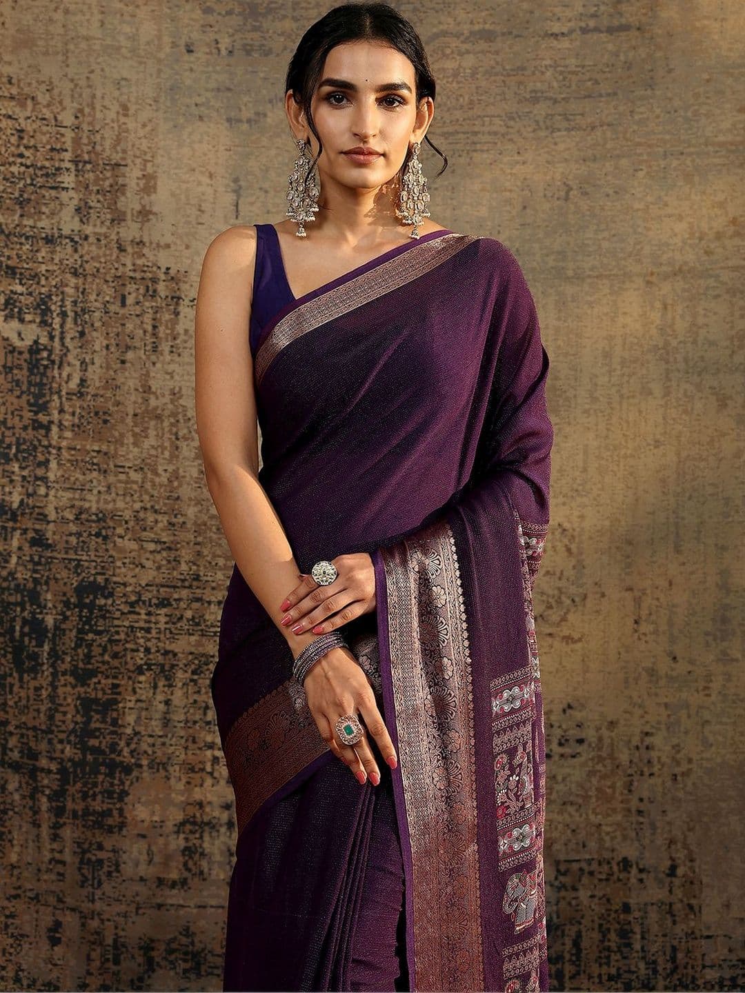 Libas Purple Solid Saree With Unstitched Blouse Piece thumbnail 2