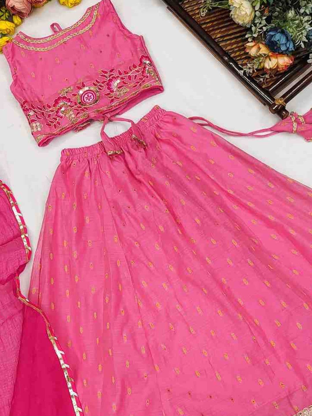 RJ ONLINE Girls Mirror Work Tie and Dye Semi-Stitched Lehenga & Blouse With Dupatta thumbnail 2