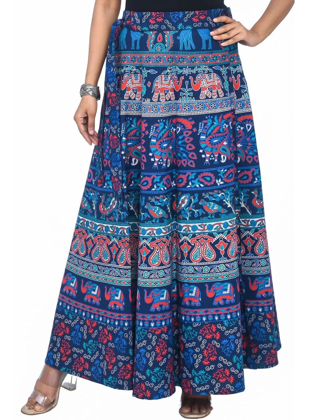 SAMJHI Ethnic Paisley Maxi Wrap Skirt - Blue, Red & Green thumbnail 3