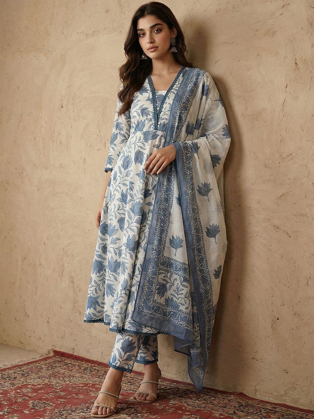 Sangria Printed V-Neck Kurta & Trousers With Dupatta thumbnail 3