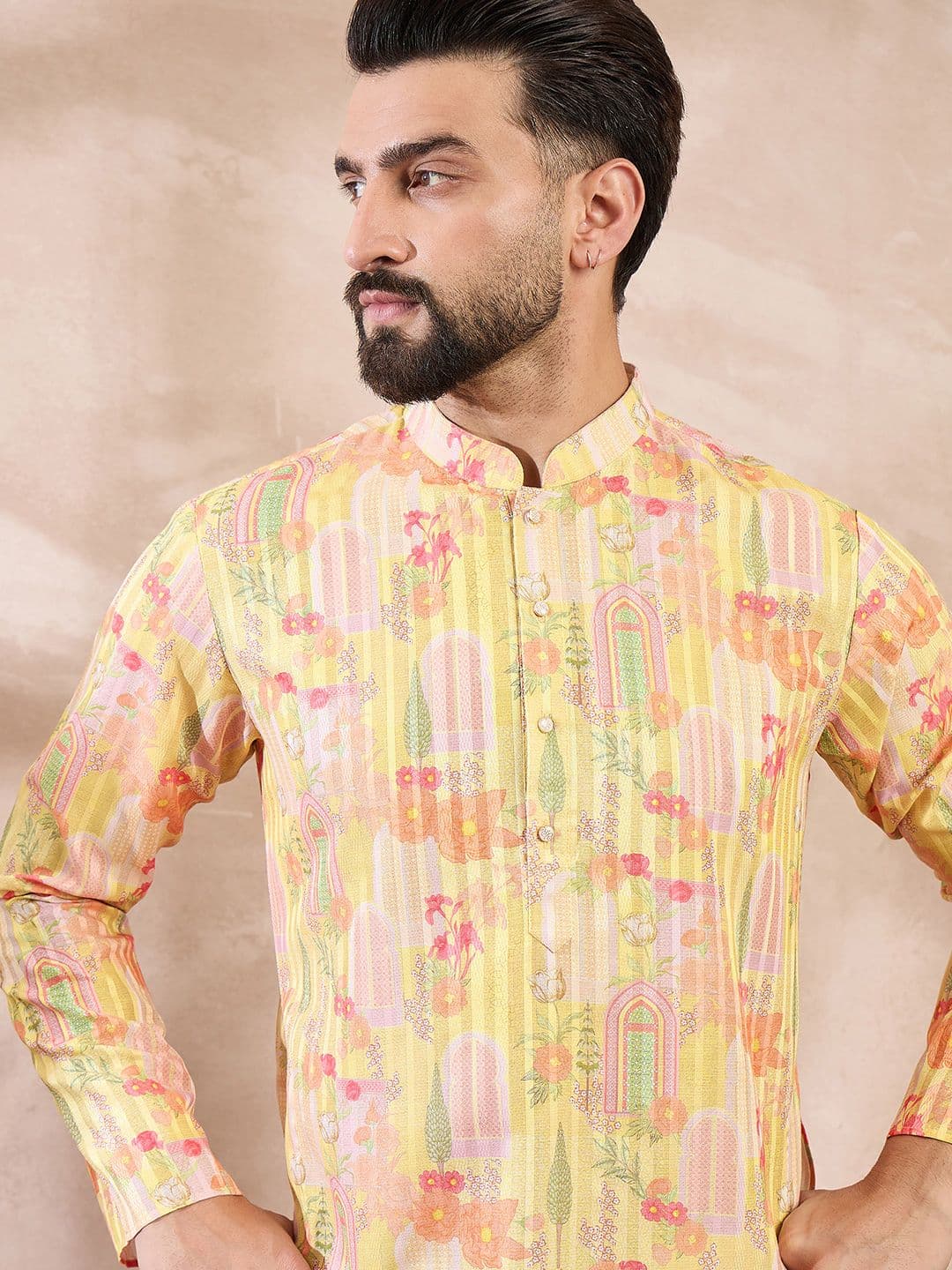 House of Pataudi Printed Mandarin Collar Knee Length Straight Kurta thumbnail 7