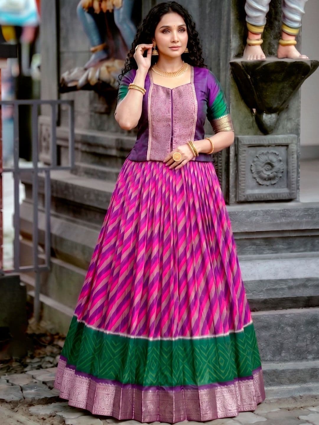 LOOKNBOOK ART Tasar Silk Leheriya Print Lehenga Choli with Rich Zari Weaving Work - view 1