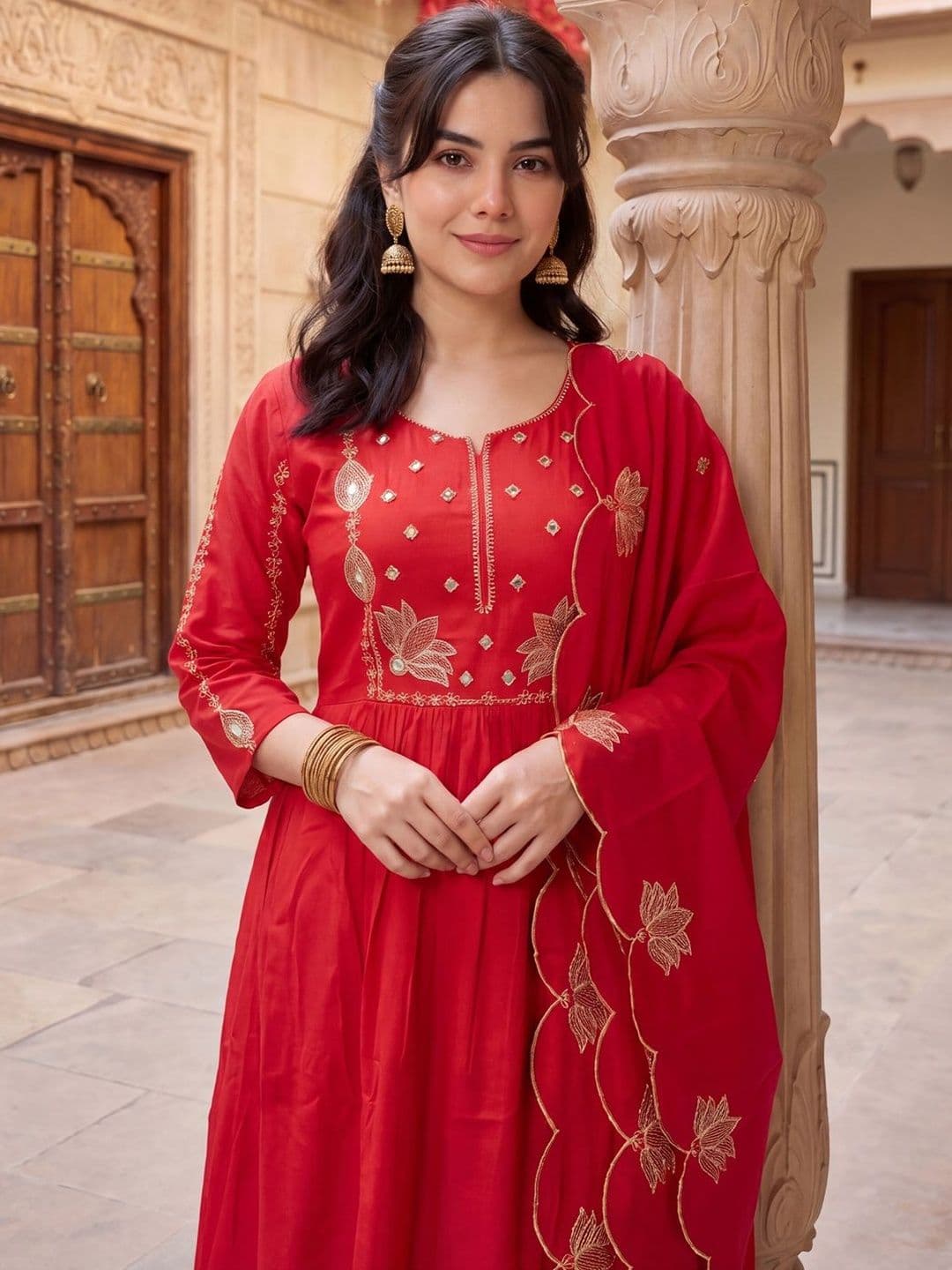 Indo Era Women Ethnic Motifs Embroidered Regular Thread Work Kurta with Trousers & With Dupatta thumbnail 4
