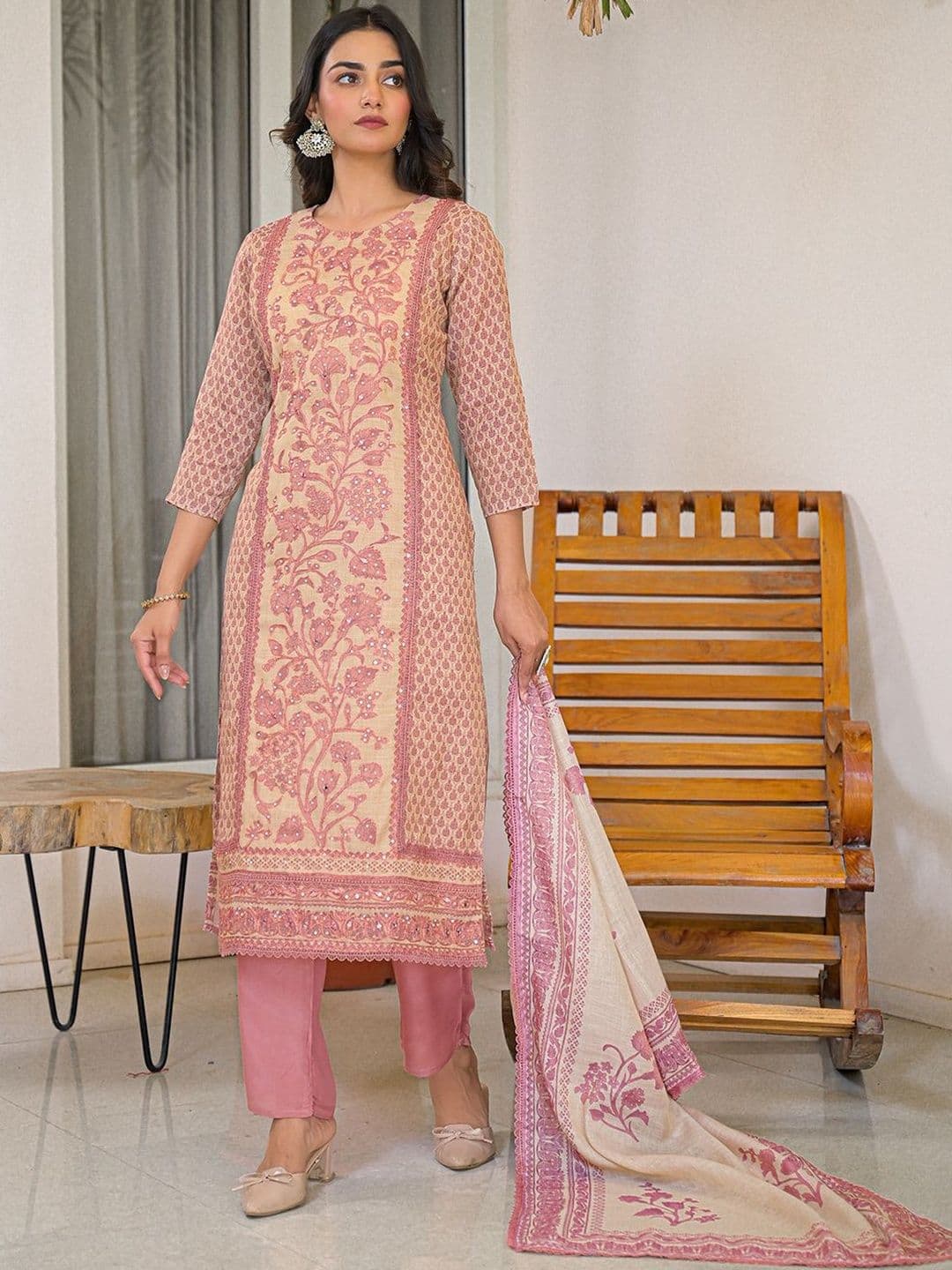 Sangria Embroidered  Round Neck Kurta & Trousers With Dupatta thumbnail 2