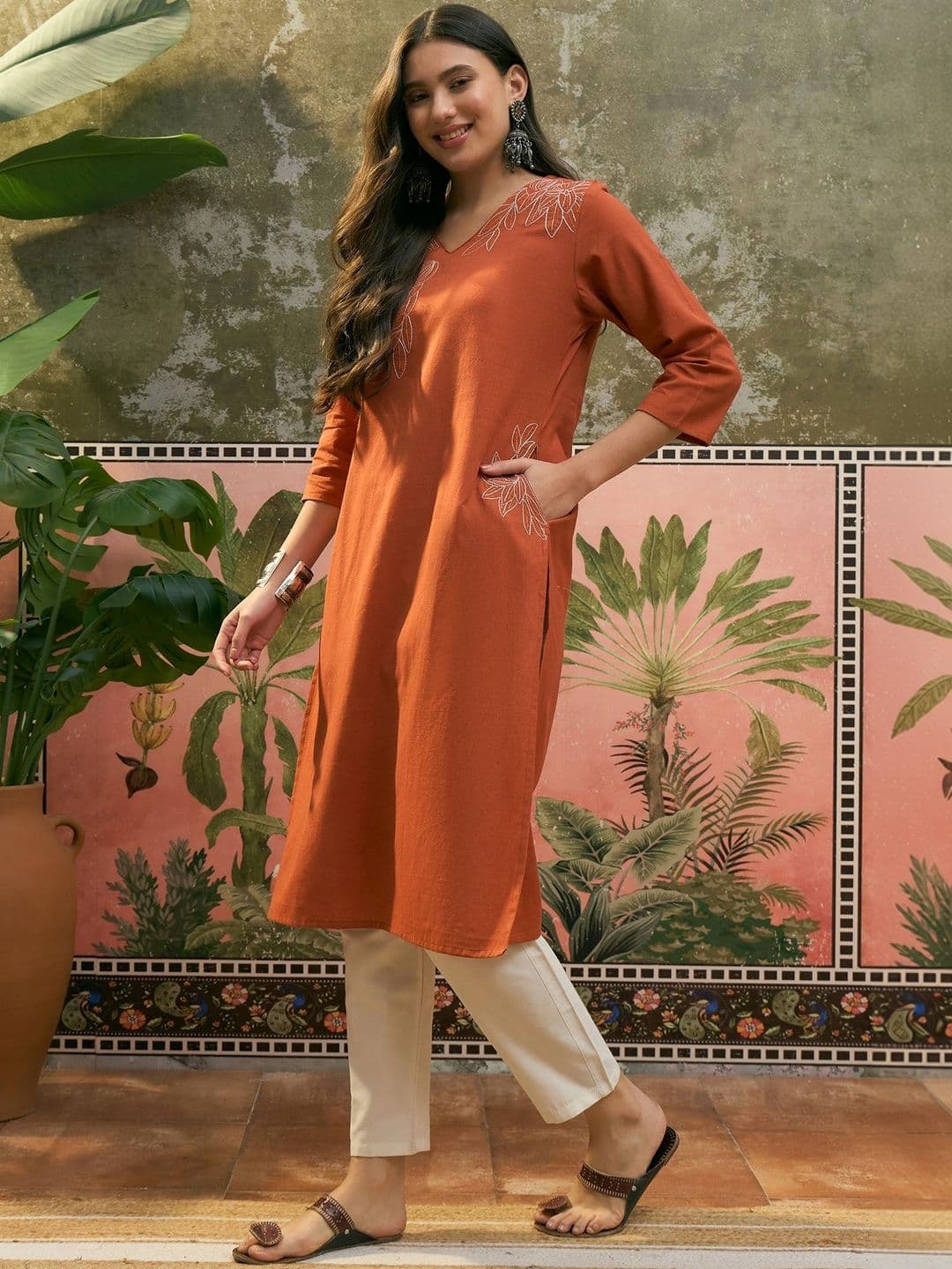 Sangria Printed Cotton V-Neck Calf Length Straight Kurtas thumbnail 5