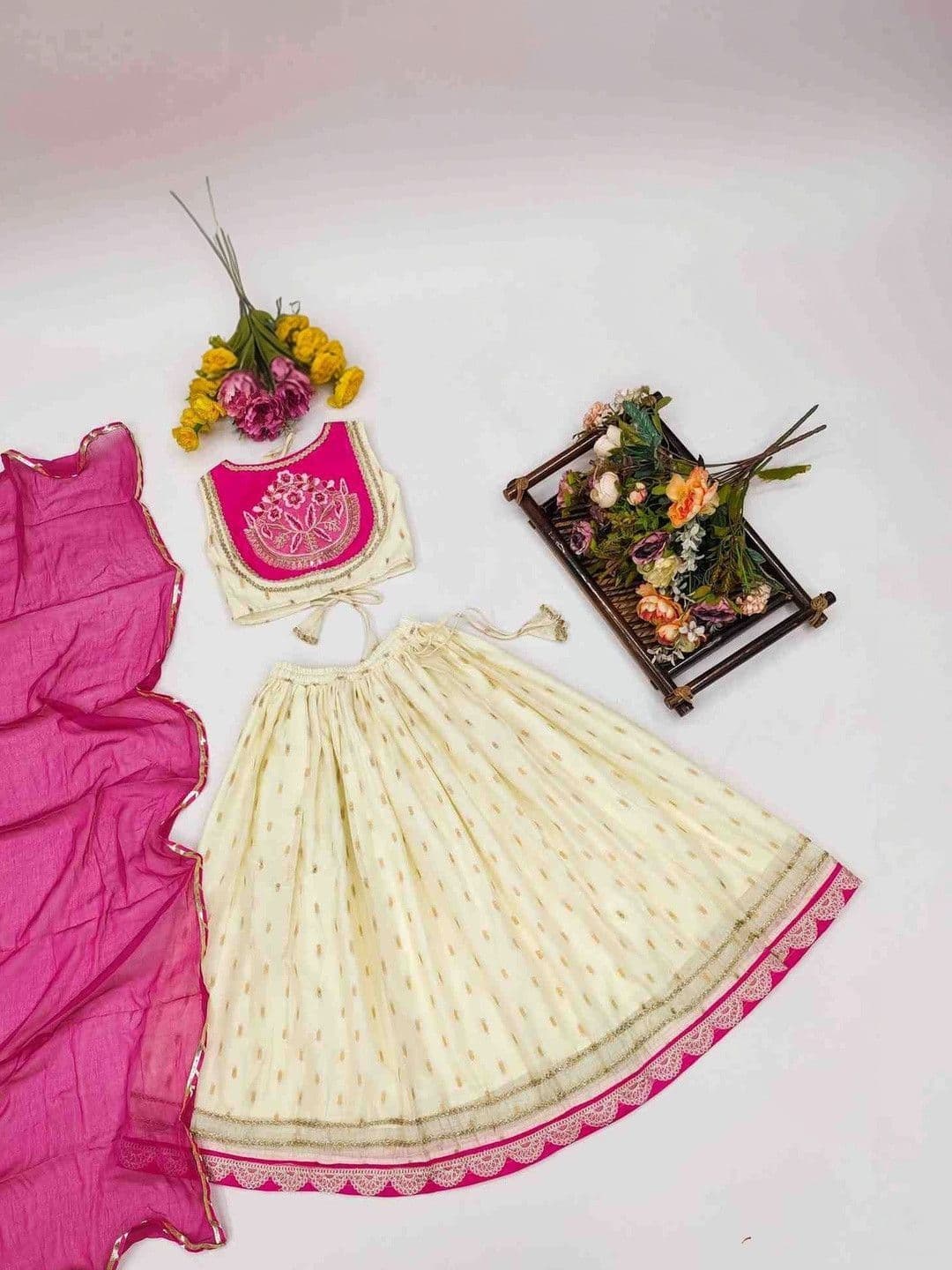 RJ ONLINE Girls Thread Work Tie and Dye Semi-Stitched Lehenga & Blouse With Dupatta thumbnail 5