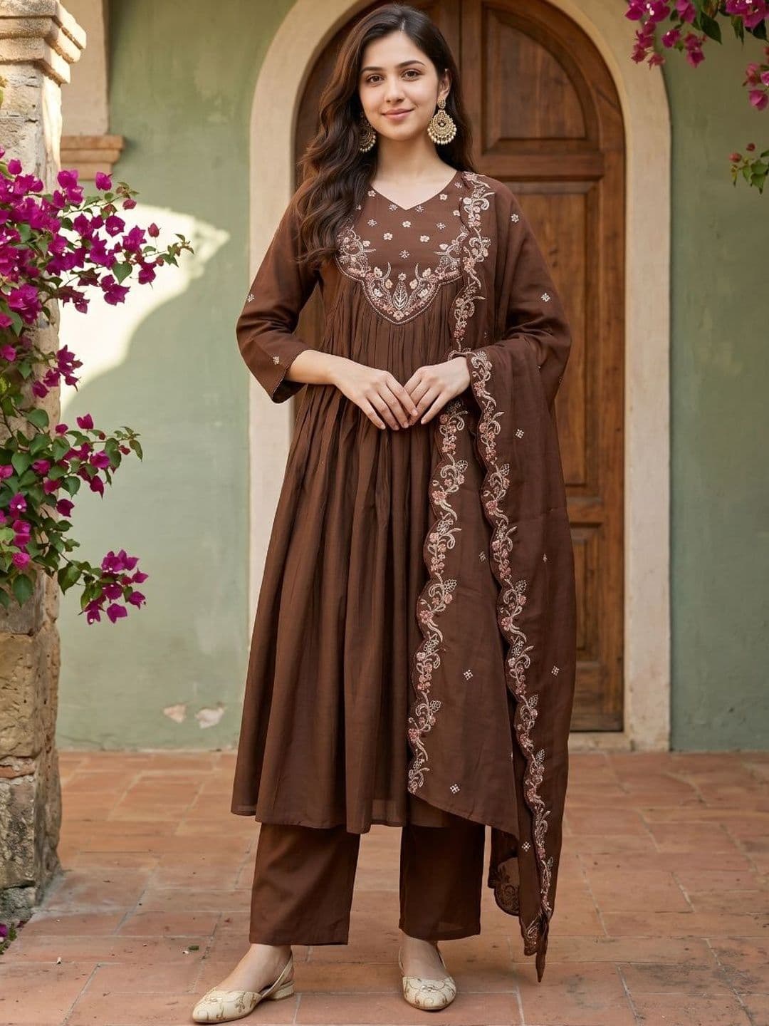 KRYSAL Women Ethnic Motifs Embroidered Panelled Thread Work Kurta with Trousers & With Dupatta thumbnail 2