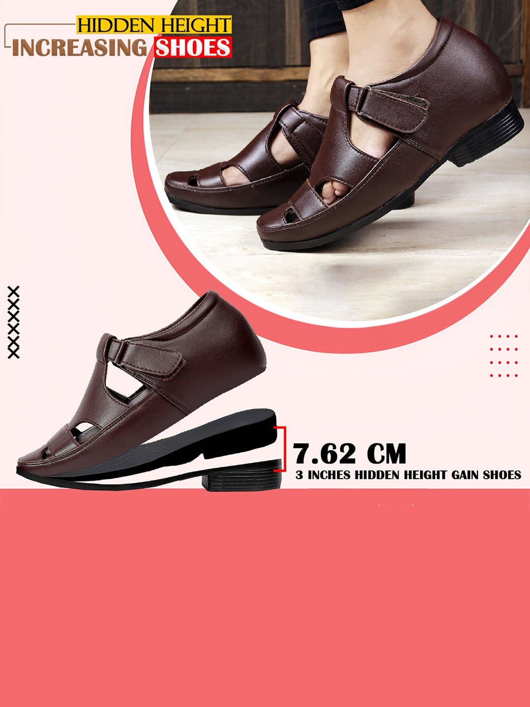 Bxxy Men Hidden Height Increasing Velcro Strap Closure Sandals thumbnail 3