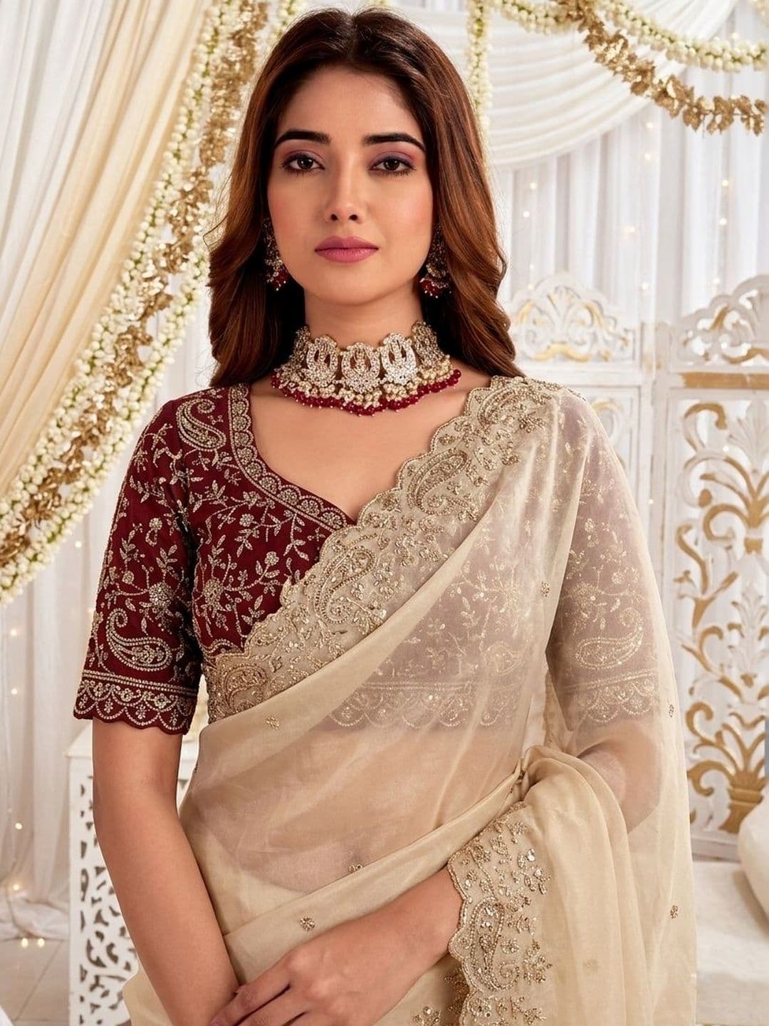 Mitera Embellished Embroidered Poly Georgette Heavy Work Saree thumbnail 2