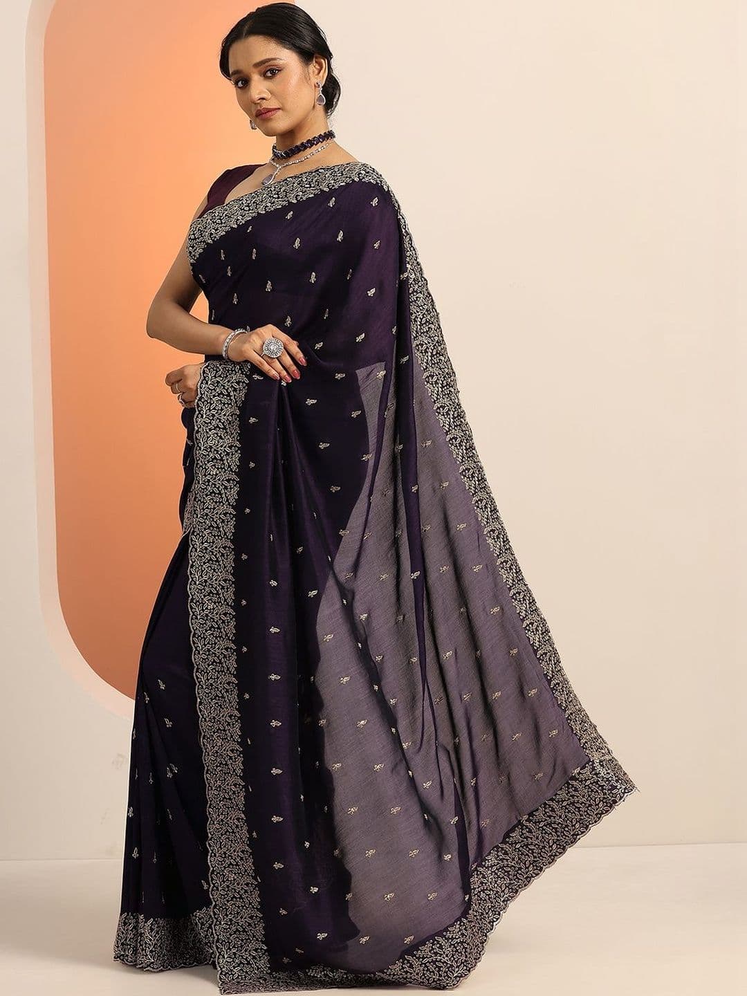 Libas Purple Embroidered Saree With Unstitched Blouse Piece thumbnail 2