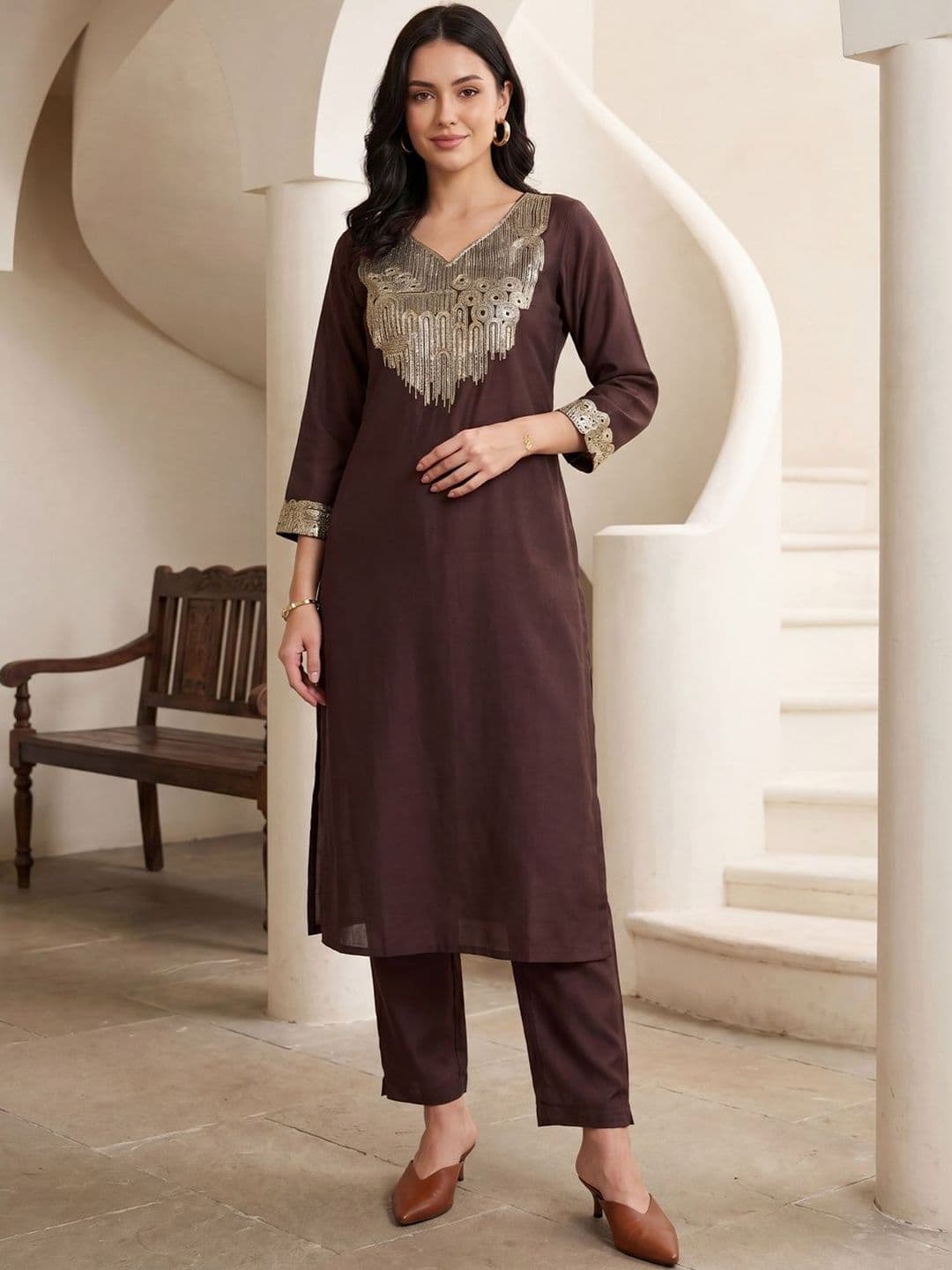 Indo Era Women Embroidered Regular Sequinned Kurta with Trousers thumbnail 4