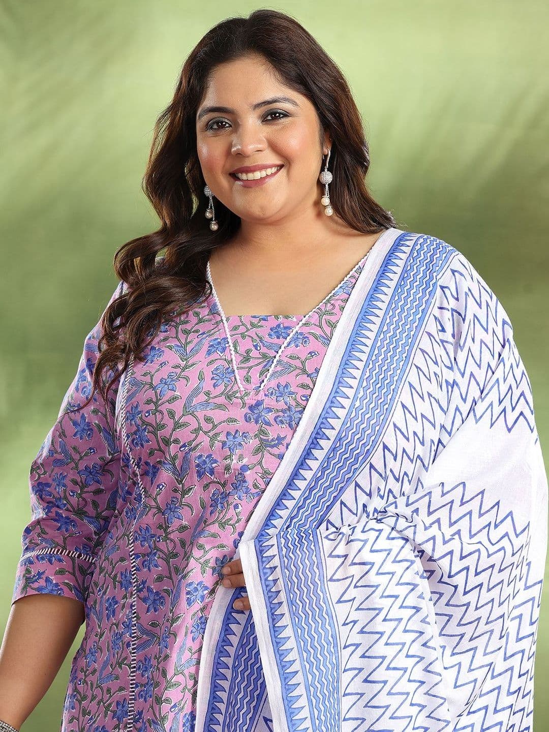 EXTRA LOVE BY LIBAS Plus Size Purple Printed Cotton Straight Suit With Dupatta thumbnail 2