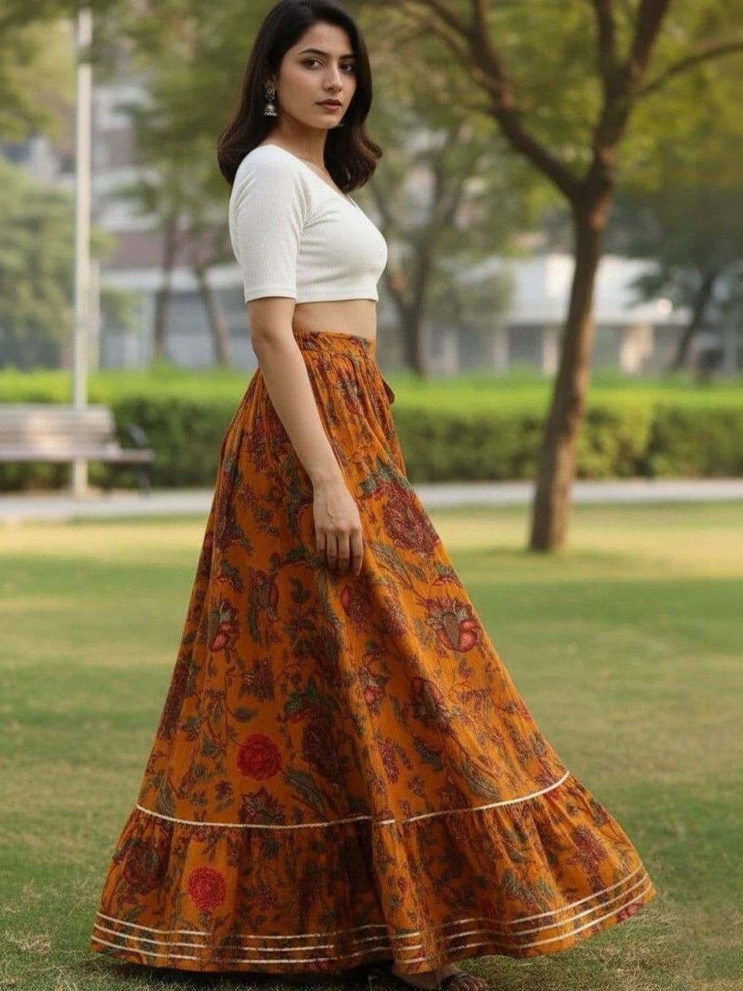 Sangria Women Cotton Cambric Floral Maxi Flared Skirt thumbnail 4