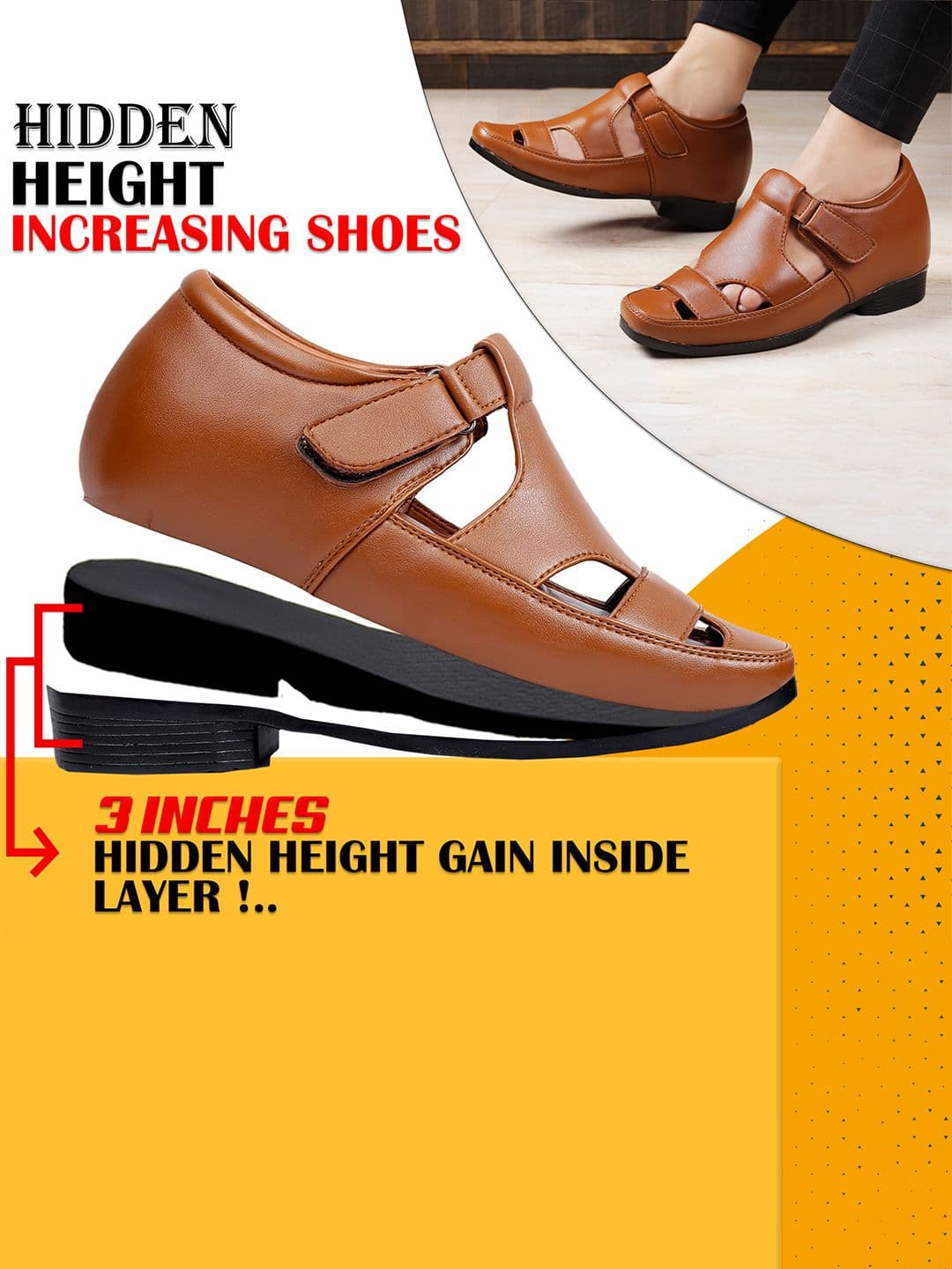 Bxxy Men Black Elevator Formal Cushion Insole Sandal thumbnail 5