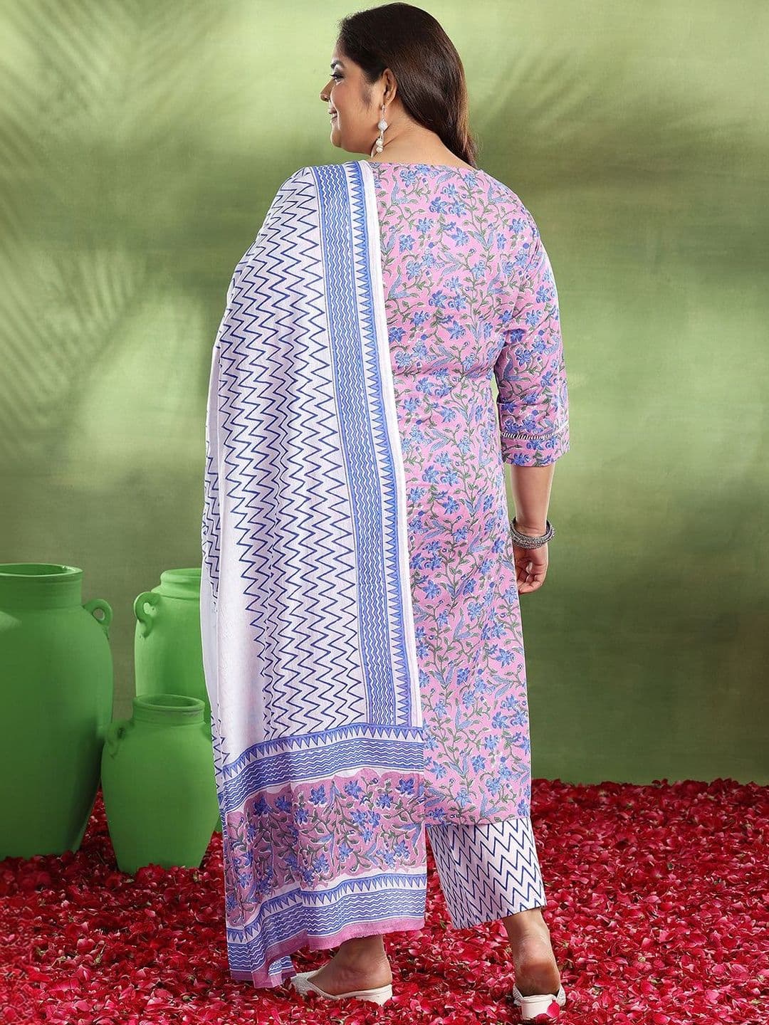 EXTRA LOVE BY LIBAS Plus Size Purple Printed Cotton Straight Suit With Dupatta thumbnail 5