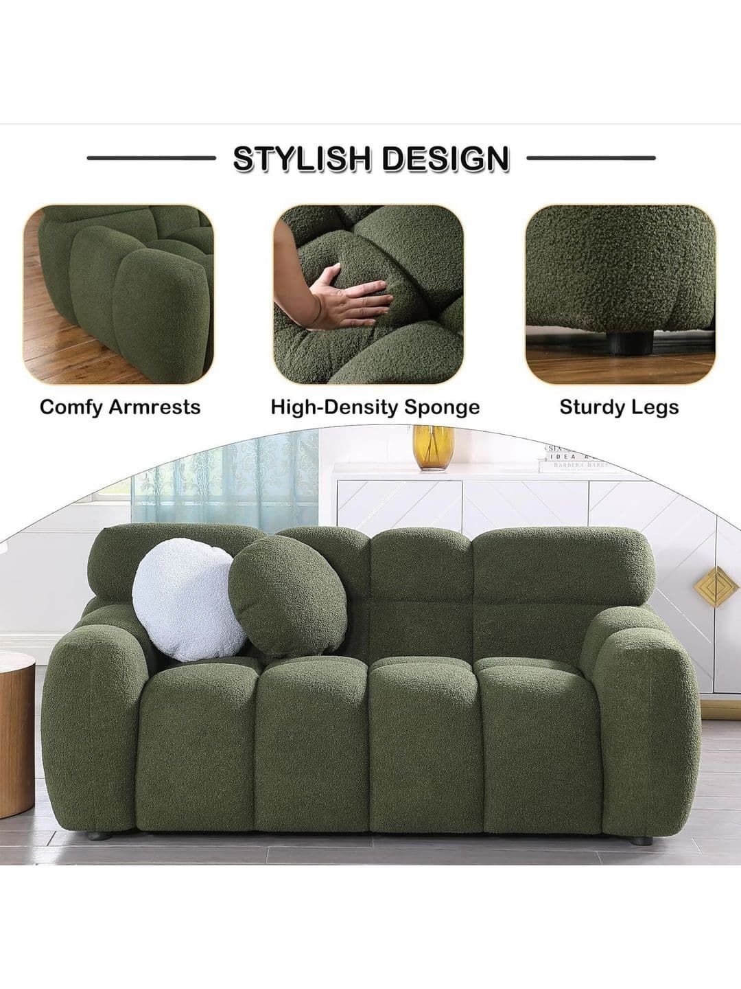 INDIAWOODMART Green Textured Wooden 3 Seater Sofa thumbnail 2